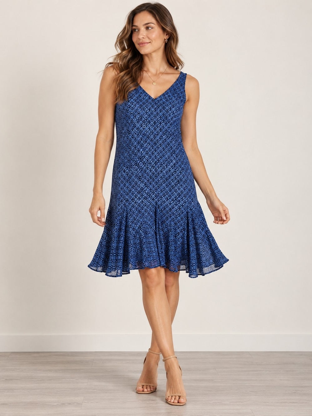 Ralph Lauren Sleeveless Blue Printed Flounce Dress